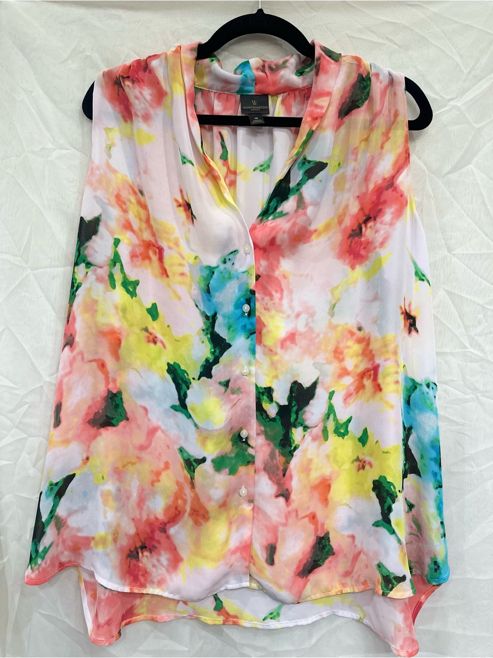 Watercolor Floral Sleeveless 1X Button-Up Blouse - Multicolor - Worthington